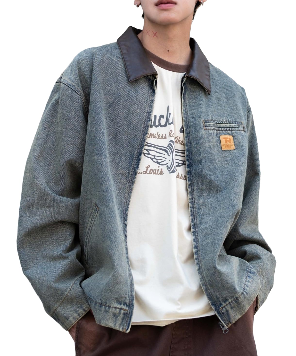 WEGO Unisex Zip Size Lightly Denim Finish Men s Worker s Jacket, Outerwear, Streetwear, Fall/Winter Clothing, Vintage, Gift, M,