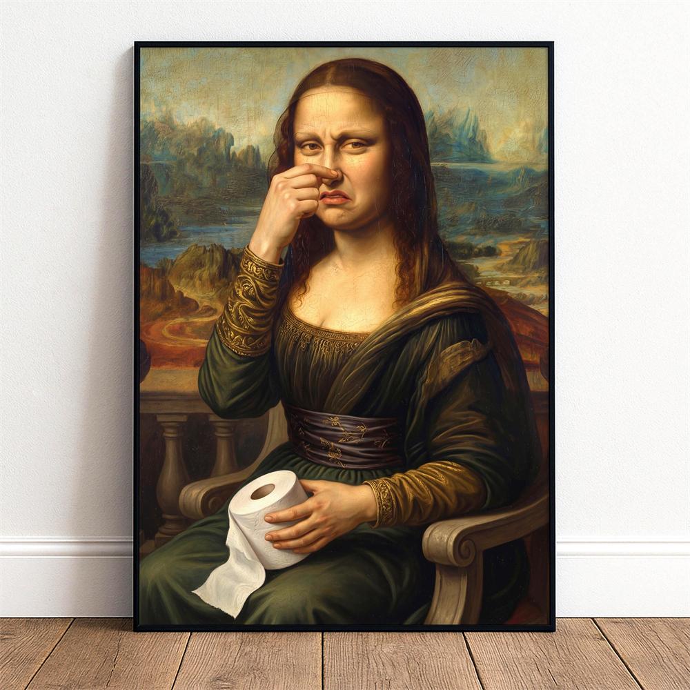 Funny Mona Lisa Poster Bathroom Wall Art with Toilet Paper Prints Toilet Decor Art Parody Canvas Painting Guest Toilet Gift
