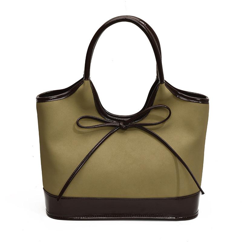 Elegant Color Block Bowknot Large Tote Bag Stylish Pu Shoulder Bag For Everyday Use
