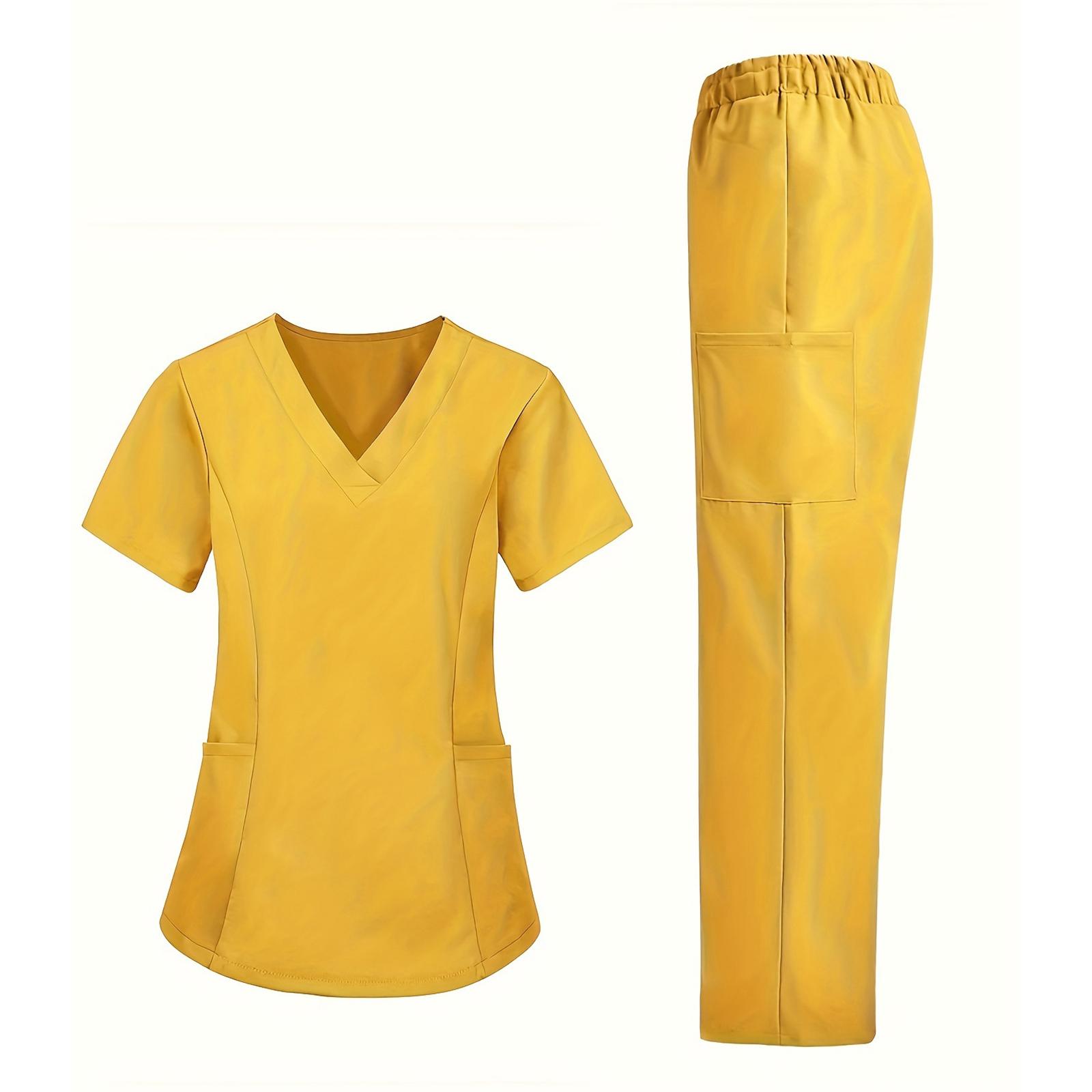 

Ladies Loose And Comfortable V-neck Short Sleeved Workwear With Multiple Pockets Suit Set XL жовтий