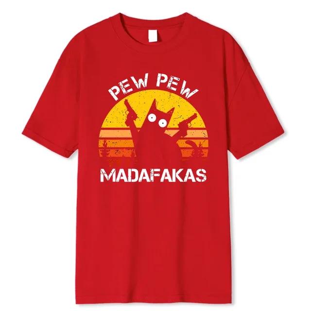 Pew Pew Madafakas Katze Zwei-Waffen Druck für Männer, Baumwolle Atmungsaktive T-Shirts, Lockere Kleidung, Hip Hop Street T-Shirt, Sommer