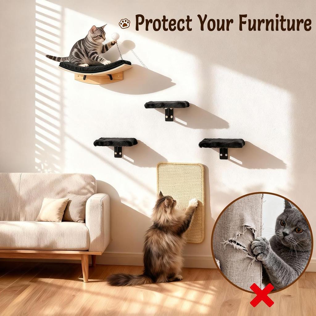 1pc Wall-mounted Cat Furniture Set Scratching and Climbing Post Hammock Bed Wooden Stairway Shelves Indoor House for Kittens