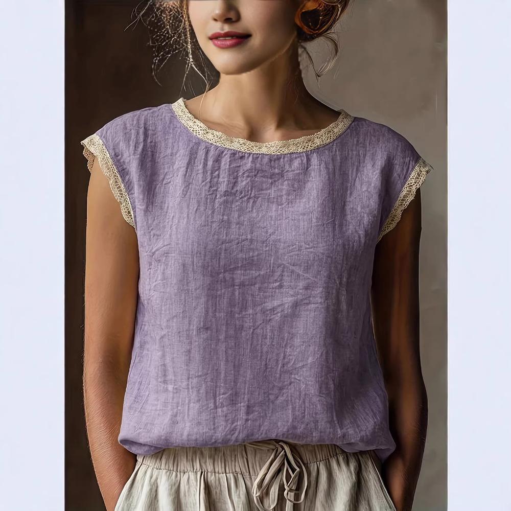 Lniany top z krótkim rękawem w stylu retro z damskim koronkowym patchworkiem, okrągły dekolt, luźny i wyszczuplający, letnia oddychająca lniana koszulka