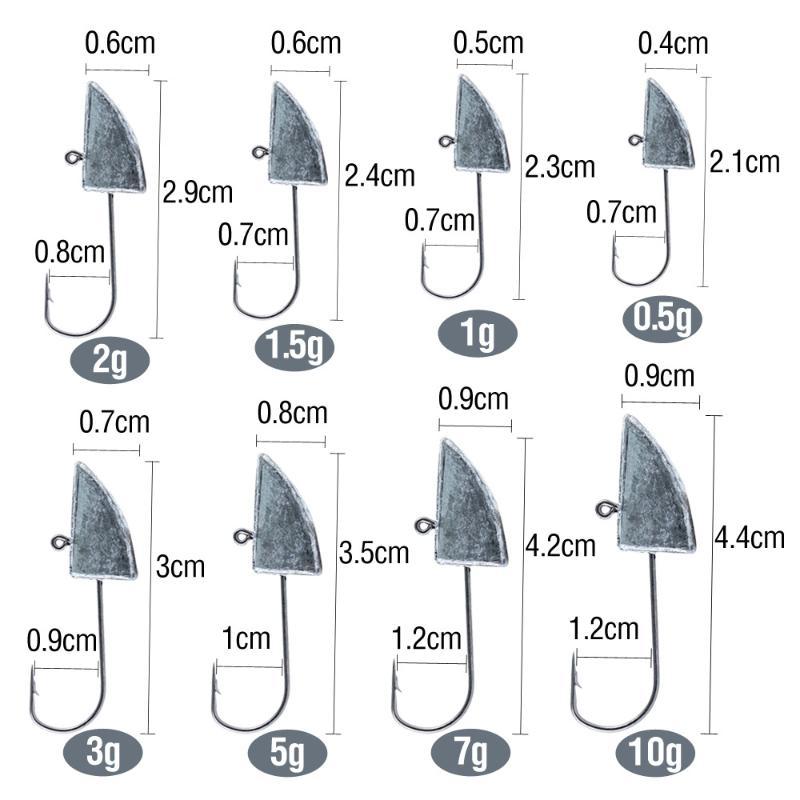 10Pcs 0.5G 1G 1.5G 2G 3G 5G 7G 10G Triangle Head Hooks For Soft Worm Lure Bait Fishing Jigging Head Hook Rigs