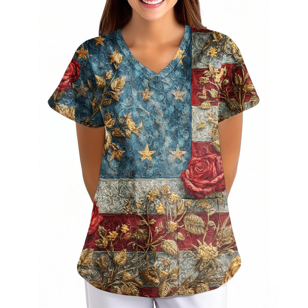 Women's Independence Day Printed Loose V-Neck Pocket Short-Sleeve Caregiver/Uniform
