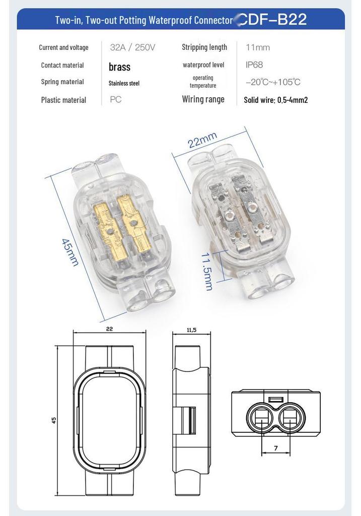 Compact Waterproof 2-In 2-Out Quick Wiring Terminal for Single Strand Hard Wire