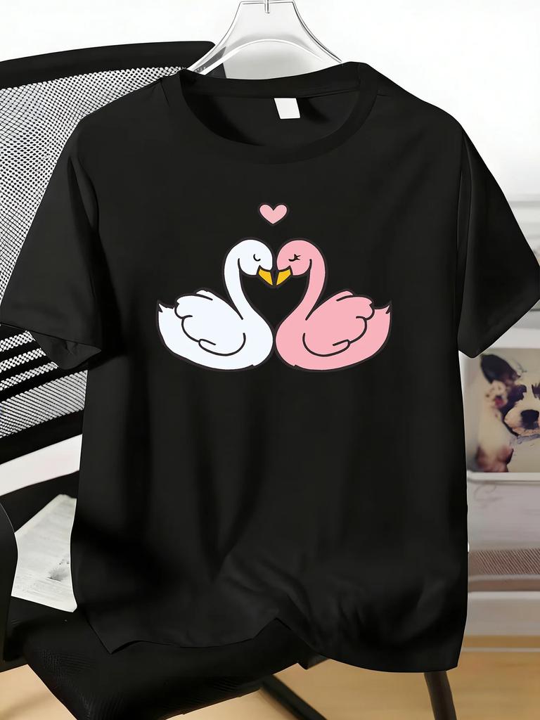 Unisexs Tee Loving Swan Couple Heart Cartoon Print Cotton Short Sleeve Male Casual Streetwear Outdoor Daily Basic Fashion Top