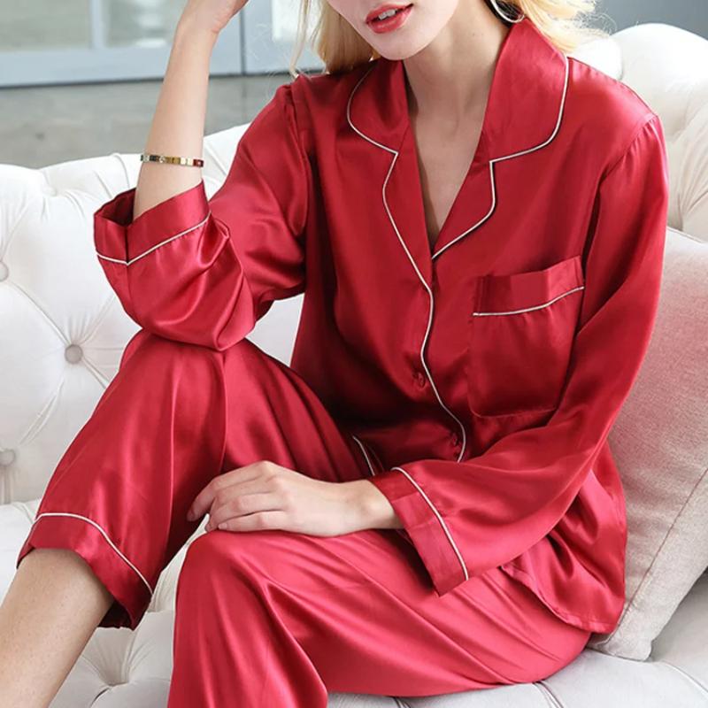 Silk Pajama Set Women's Summer and Autumn Long Sleeve Mulberry Silk Home Clothes Silk Women's Pocket Pajama Set