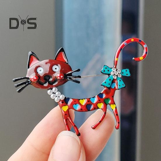 Adorable Cat Shape Brooch Colorful Enamel Faux Pearl Rhinestone Pin Suit Lapel Badge Casual Accessories