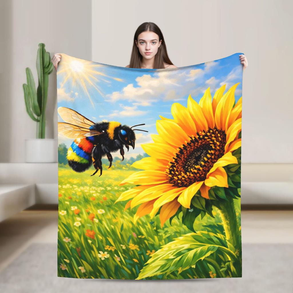 Bee and Flowers Flannel Blanket Adults Child Warm Bedding Throws Winter Home Decor Bedspread Sofa Bed Cover