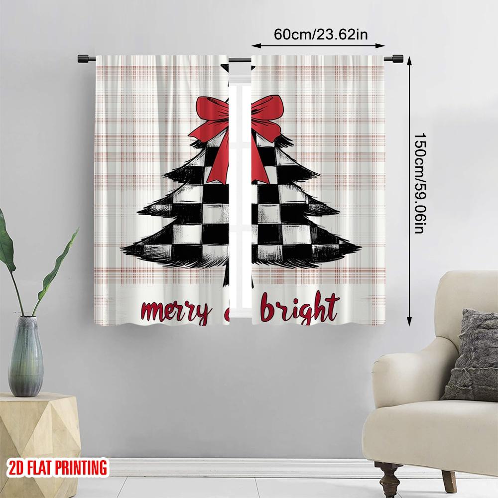 2pcs,2D plane printing Contemporary Curtains Buffalo Plaid Christmas Tree Merry Bright Polyester Easy Install (without rod)