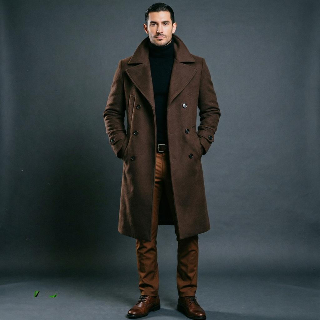 Men's Double-Breasted Trench Coat Notched Lapel Button Down Knee-Length Business Casual Long Jacket Overcoat for Men Fall Winter Coat With Pockets