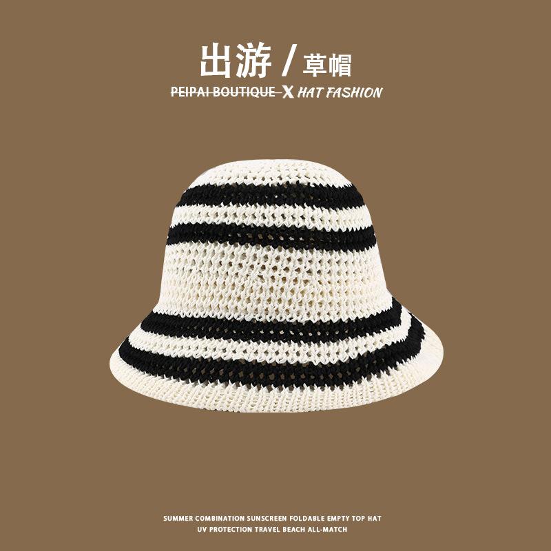 Women's Straw Hat Woven Sunshade Beach Hat Summer Hollow Breathable Bucket Hat Beach Sunshade Hat