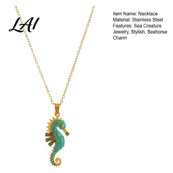 Stunning Ocean Pendant Necklace Women Blue Seahorse Necklace Rhinestone Stylish Sea Charm Creature Summer Beach Gift for Her Wife Girlfriend Delicate