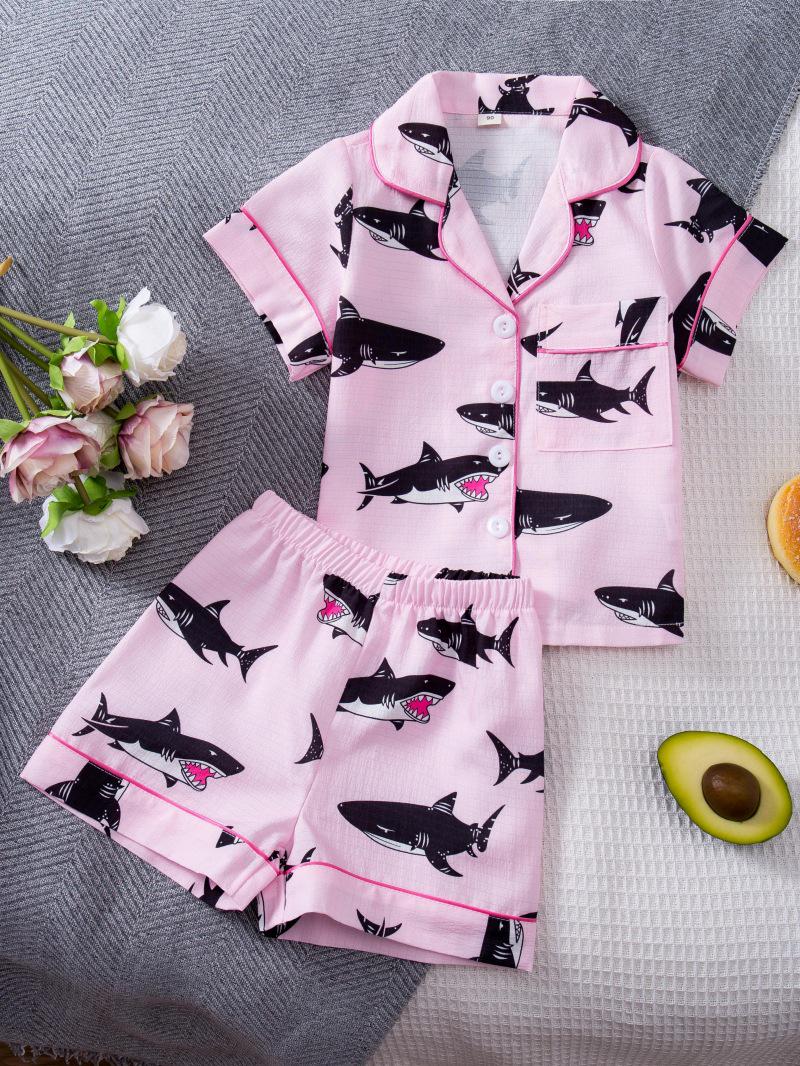 Girls Short-Sleeve Shark Print Home Pajama Set 120 cm