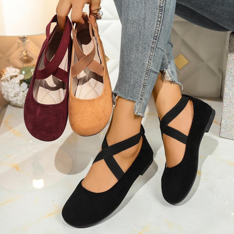French Retro Red Suede Ballet Flats Women Spring Cross Strap Flat Heel Red Velvet Mary Jane Shoes Women's Loafers