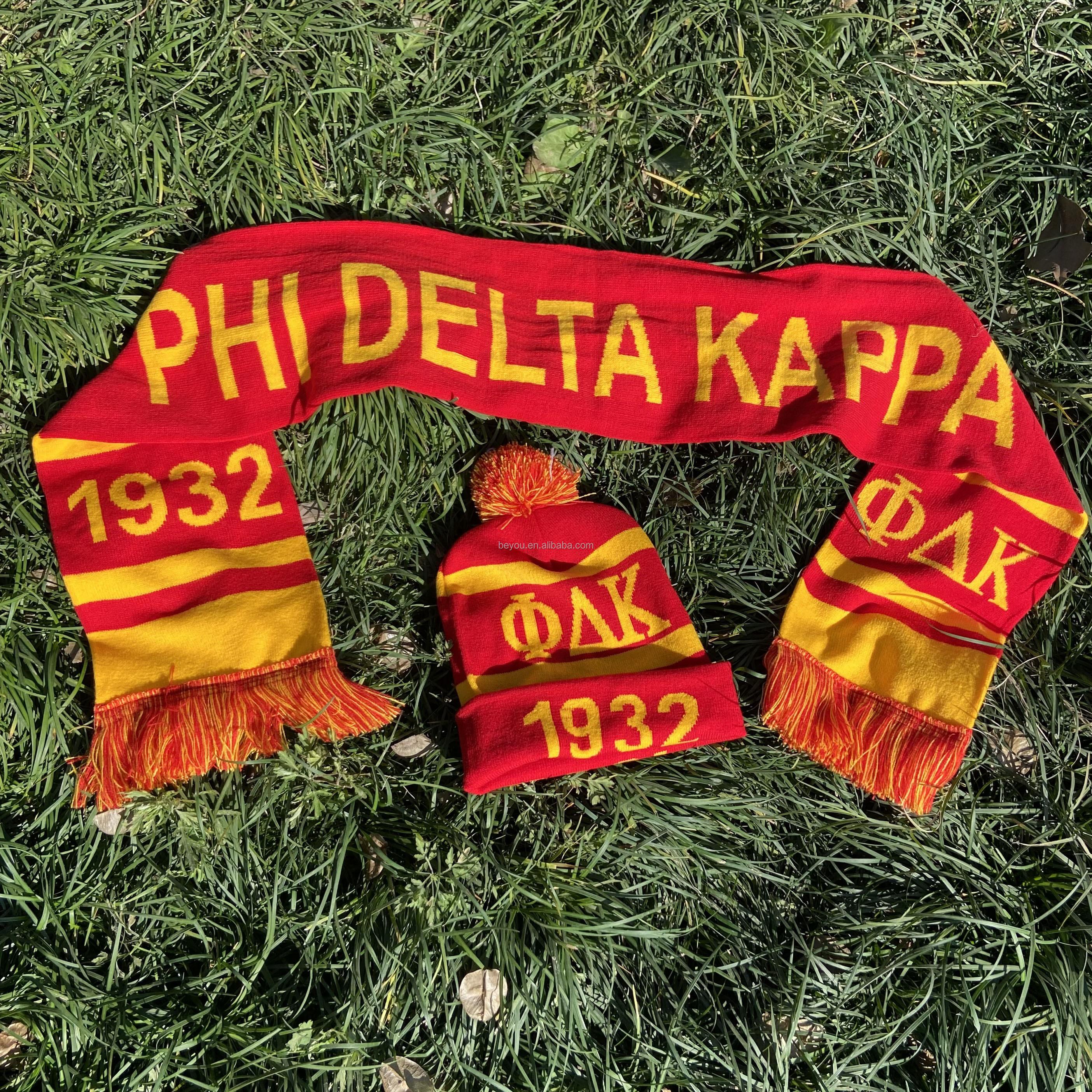 Red Gold NSPDK Phi Delta Kapp Sorority 1932 PDK Set Red Yellow Wool Knitting Winter Scarf & Hat Greek Symbol Inspired красный