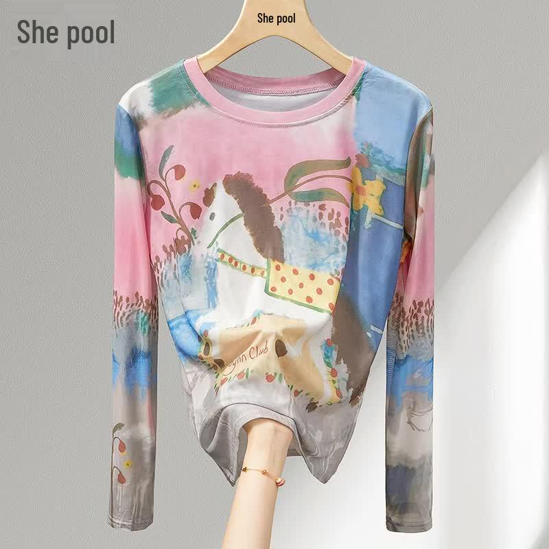 

Women s Colorful Print Round Neck Long Sleeve T-Shirt S