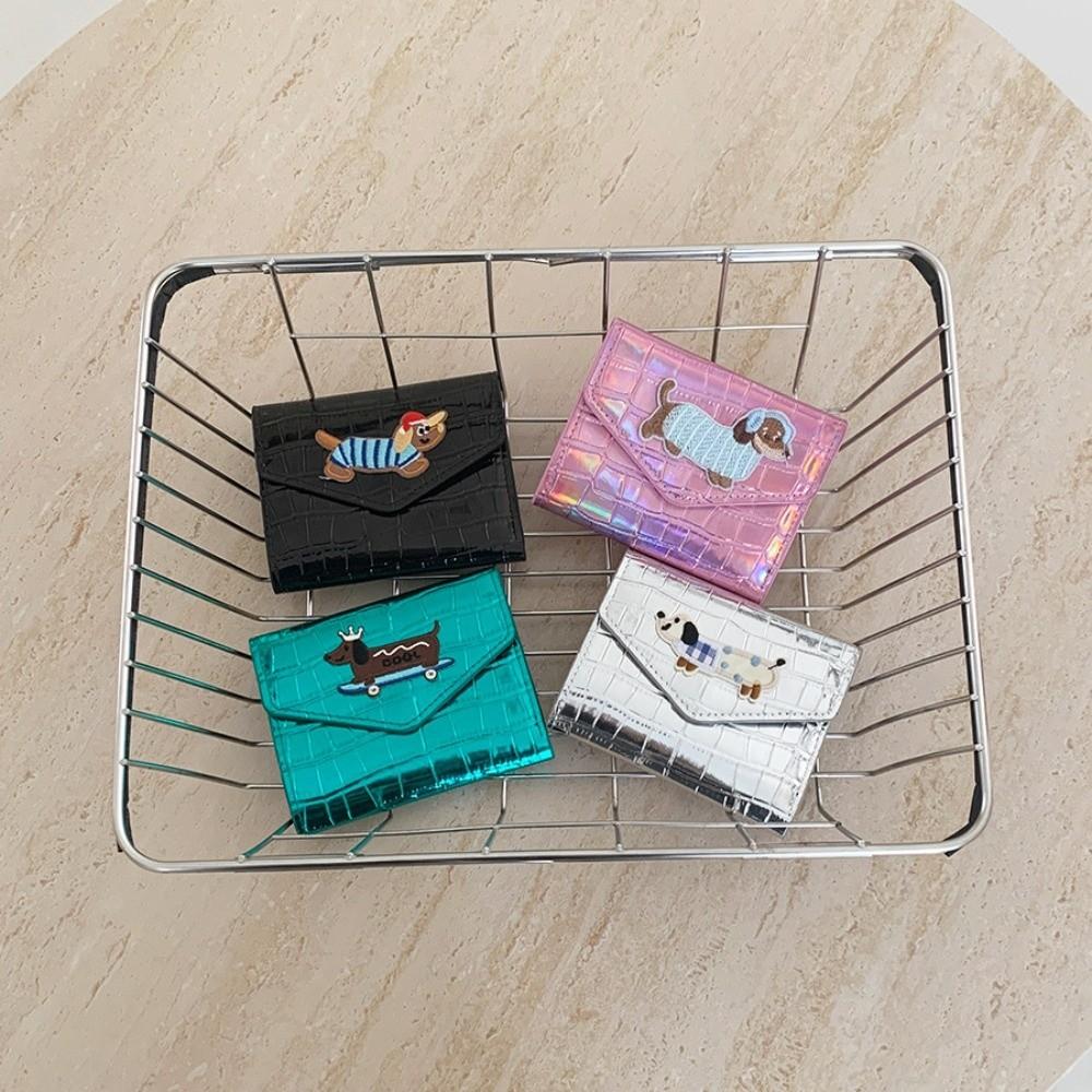 Portable Crocodile Pattern Wallet Candy Color Embroidered Sausage Dog Short Leather Purse Multiple Card Anti-splash Water