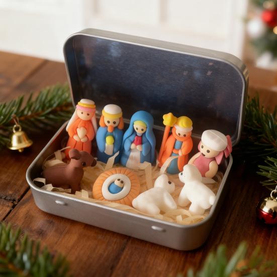 1/2/3Pcs Mini Nativity Scene Set In Tin Box Handcrafted Pocket Size Nativity Scene Tin Resin Birth of Jesus Ornament Christmas Decoration