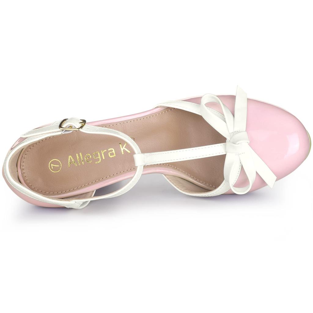 Allegra K Women's Pink Bow T-Strap Chunky Heel Platform Pumps, Size 23.0cm