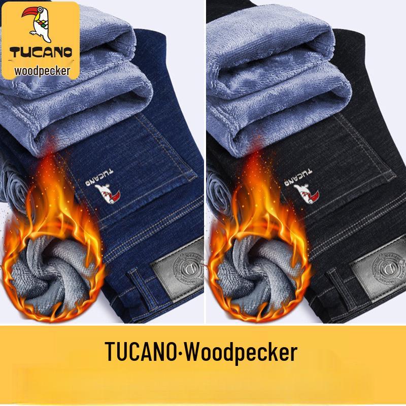Woodpecker Men's Fleece-lined Straight Leg Stretch Jeans - Loose Fit, Plus Size, Warm Casual Pants for Autumn/Winter