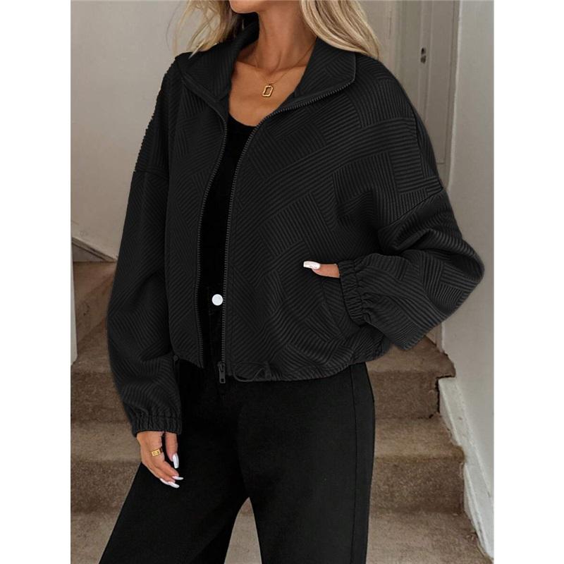 Womens Winter Coat High Neck Zip Drawstring Hem Pocket Loose Baseball Jacket For Fall And Winter Casual Style Outerwear