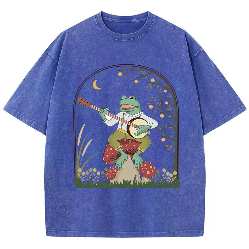 Frog Playing Banjo On Mushroom Printed Washed T-Shirt Women Casual Cotton T Shirt Y2K Tops Summer Oversize Streetwear
