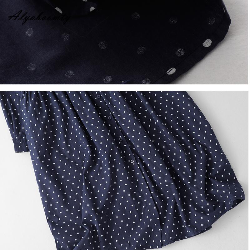 Mori Girl Spring Autumn Women Shirt Dress Turn-Down Collar Polka Dot Loose Dress Navy Blue Vintage Elegant Chic Dress