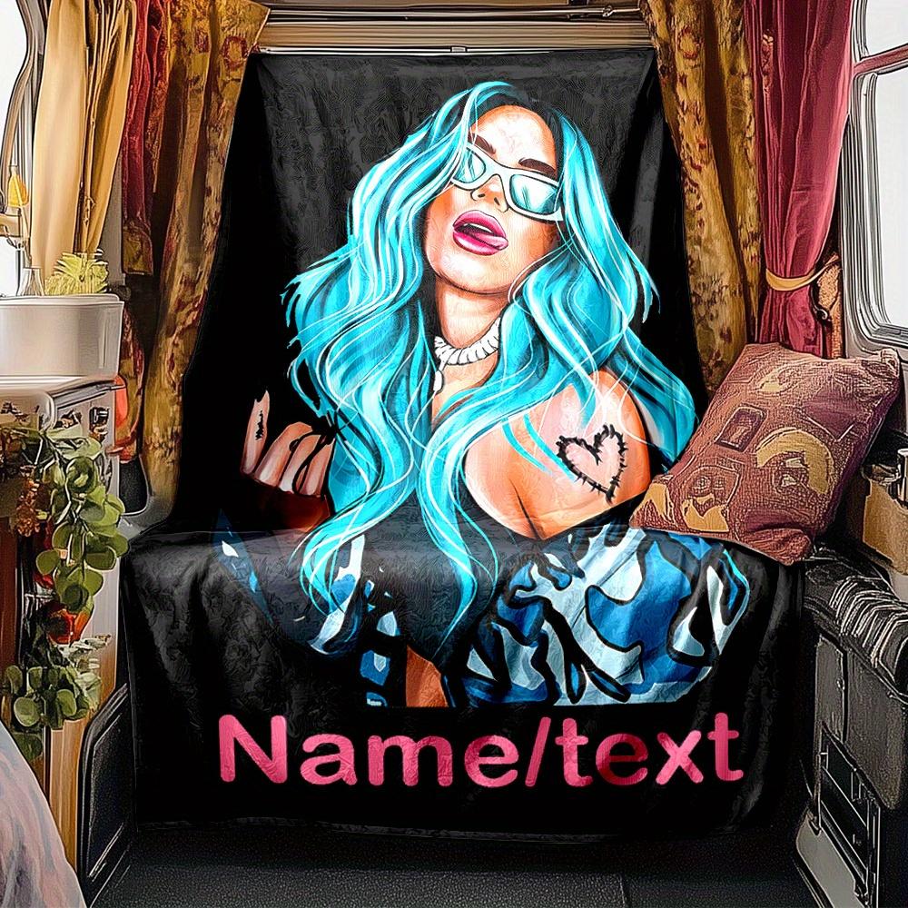 Blue Hair Woman Heart Cutout Blanket Personalized Name Soft Comfortable Stylish Blanket Car Blanket Perfect For Travel Camping Outdoor Home Suitable