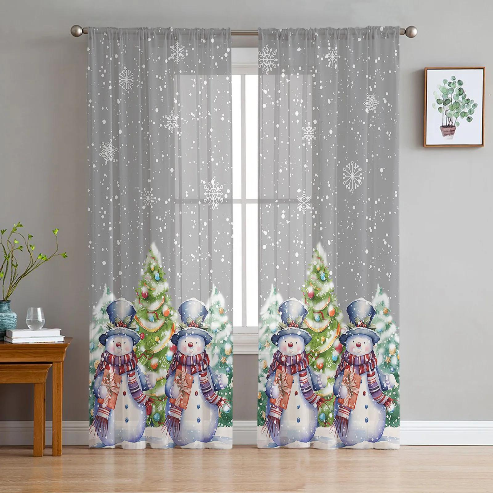 

Christmas Snowman Christmas Tree Sheer Curtains for Living Room Decoration Window Curtains Kitchen Tulle Voile Curtains (As shown-4737)-W135 x H115cm x1