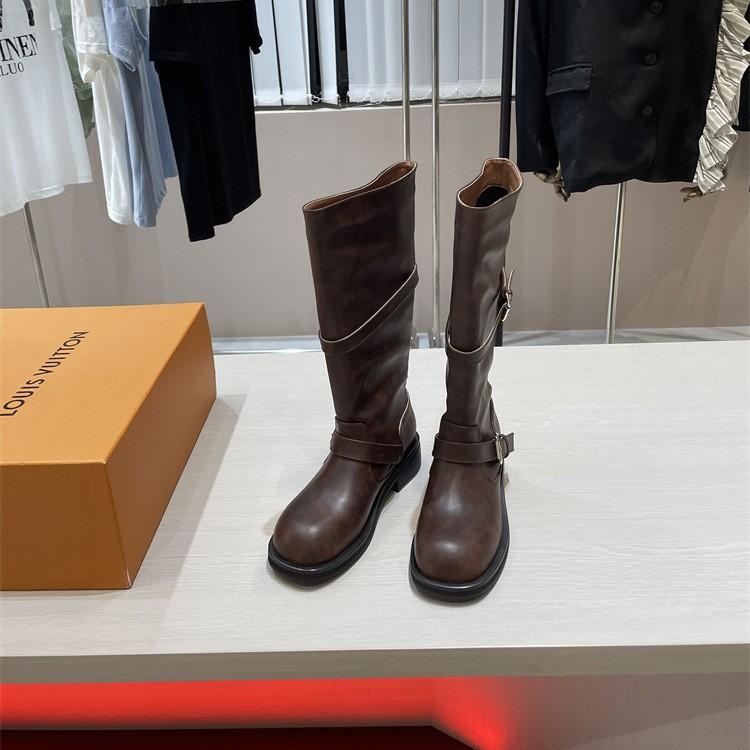 Leather thick-soled round-head retro belt buckle rubbed long boots women's autumn and winter medium and high boots knight boots
