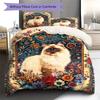 Boho Floral Cat Pattern Bedding Quilt Set Quilt Cover Pillowcase Home Decoration Birthday Gift (1 * duvet cover + 2 * pillowcase, without core)