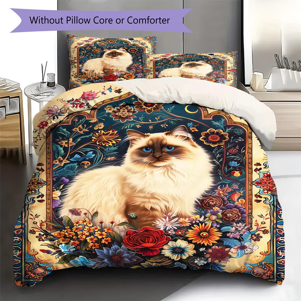 Boho Floral Cat Pattern Bedding Quilt Set Quilt Cover Pillowcase Home Decoration Birthday Gift (1 * duvet cover + 2 * pillowcase, without core)