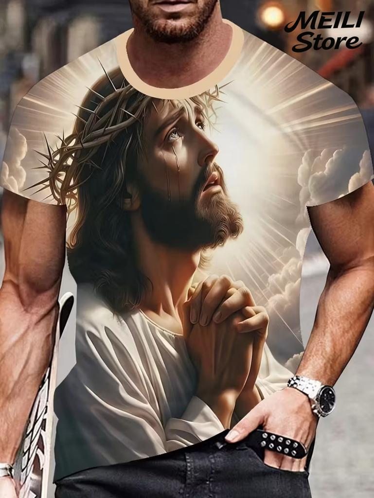 T-shirt da uomo con stampa 3D di Gesù a maniche corte, casual, girocollo, design con mani in preghiera, maglietta da uomo, nuova, top oversize