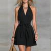Women's Neck Mini Dress with Adjustable Waist Tie Sleeveless Backless Lightweight Casual Fit for Summer