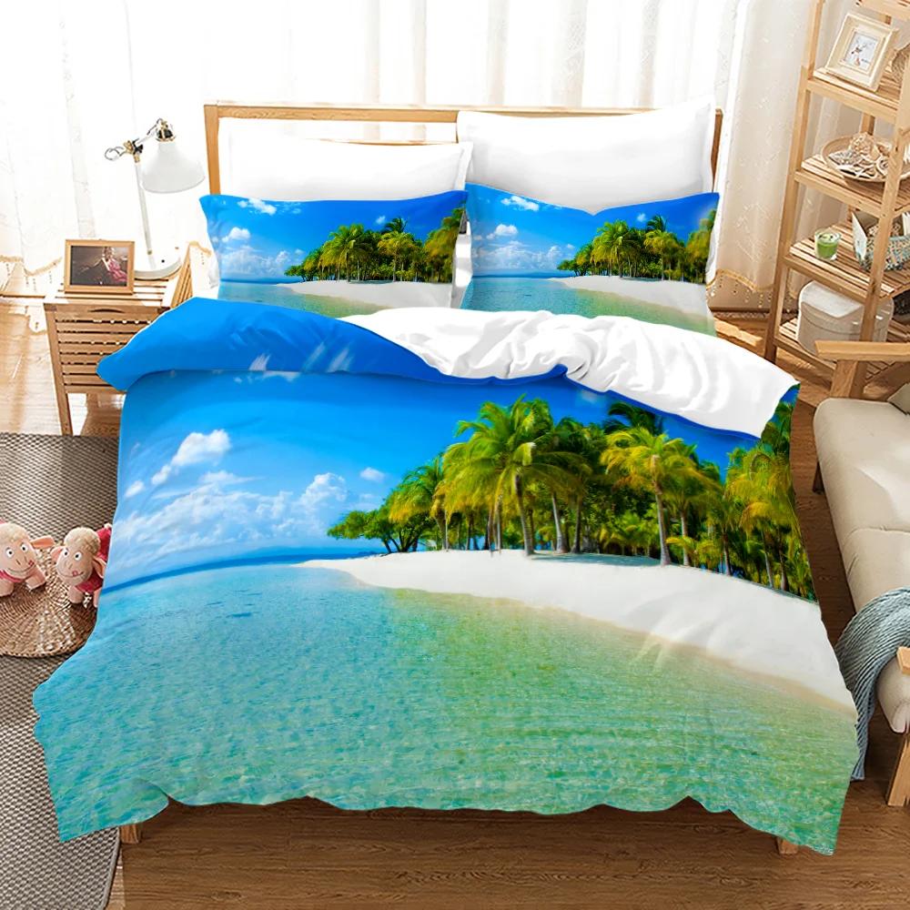 

Tropical Sunset Duvet Cover - Palm Tree & Beach Theme Queen Size Nature-Inspired Bedding Set (Island Decor) 135x200cm