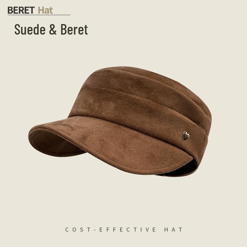 Women's Ruched Suede Flat Top Equestrian Hat - Warm Autumn/Winter Newsboy Cap with Face-Slimming Duckbill Design