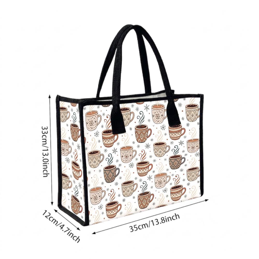 Cute Coffee Cup Print Tote Bag Casual Daily Shopping Portable Canvas Shoulder Bag