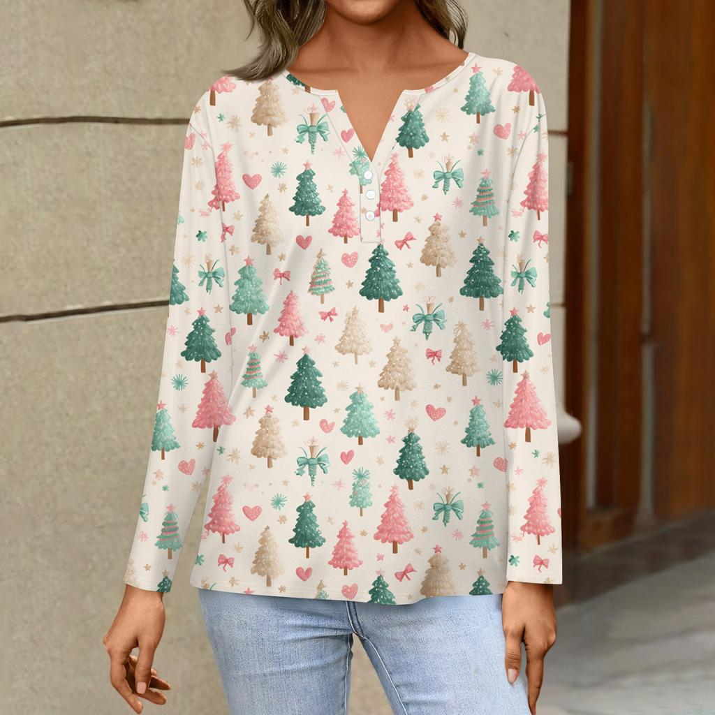 Women's Fashion Casual H Printed V-Neck Long Sleeve Decorative Button T-Shirt Tops