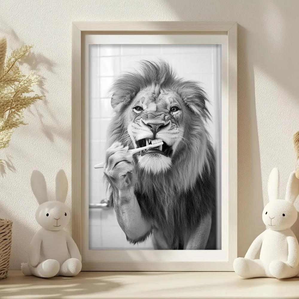 Zähneputzen Tierkunst Poster Löwe Affe Pferd Kaninchen Hund Katze Adler Lustige Badezimmer Wandaufkleber Badezimmertiere Hausdekoration