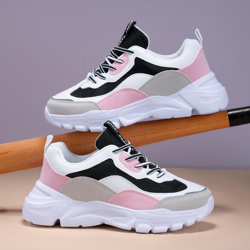 2025 Chunky Sneakers Men Mesh Leather Platform Shoes Mixed Colors Lace-Up Lady Trendy Trainers Thick Sole Men Casual Shoes