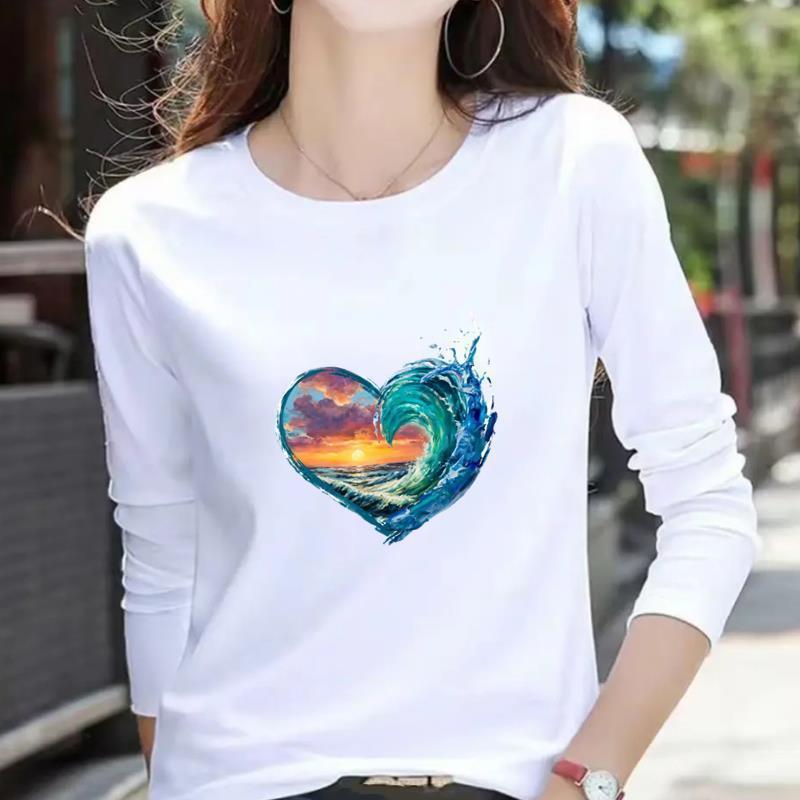Women's Casual Heart Letter Print Long Sleeve Round Neck T-shirt for Spring & Autumn