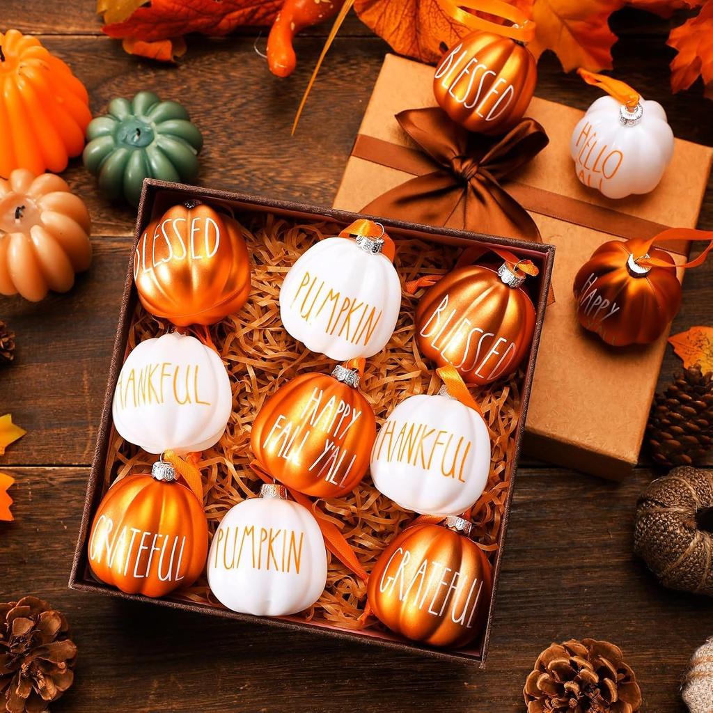 12Pcs Halloween Thanksgiving Christmas Pumpkin Ball Hanging Ornaments Farmhouse Fall Tree Decoration Home Party Decor