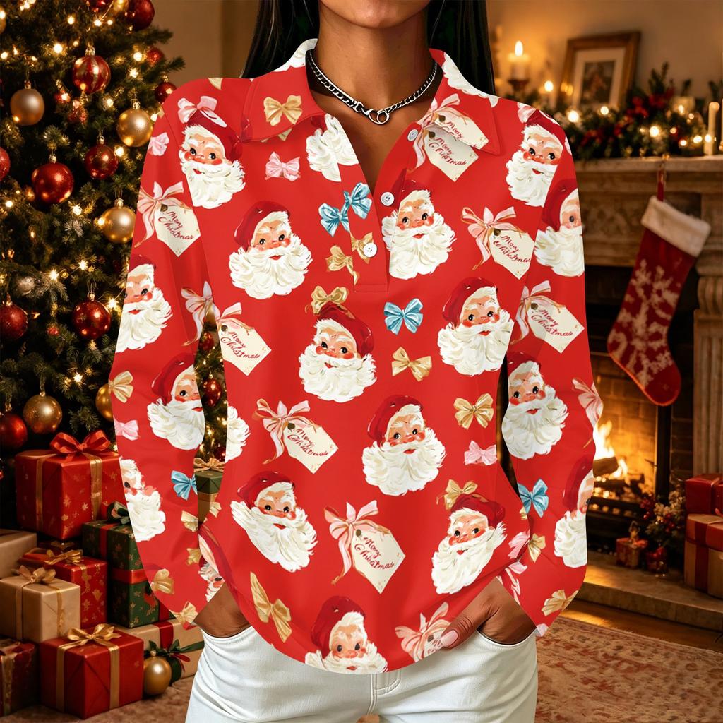 Women's Casual Christmas Print Button Down Long Sleeve Shirt with Collar and Side Slits
