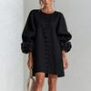 Autumn 3D Floral Long Sleeve Short Dress with Decorative Buttons