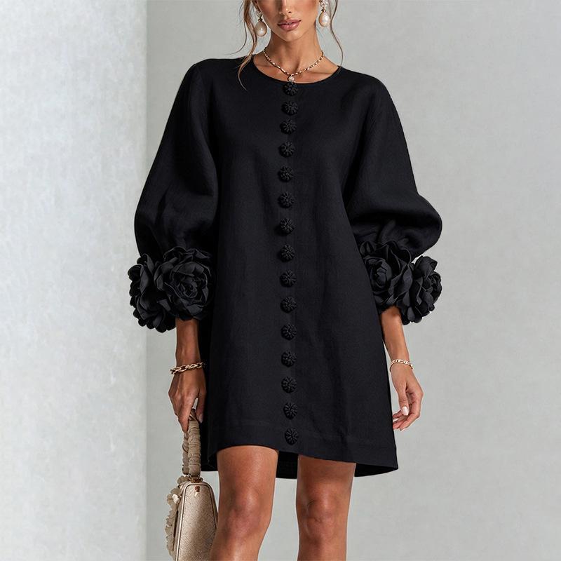 Autumn 3D Floral Long Sleeve Short Dress with Decorative Buttons