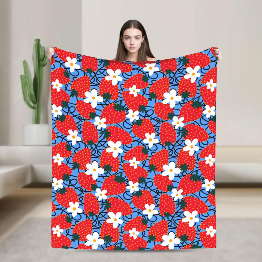 Pink Strawberry Print Flannel Blanket  Warm Soft Throw Blanket for Bedroom Camping Street Trend Bedspread Sofa Bed Cover