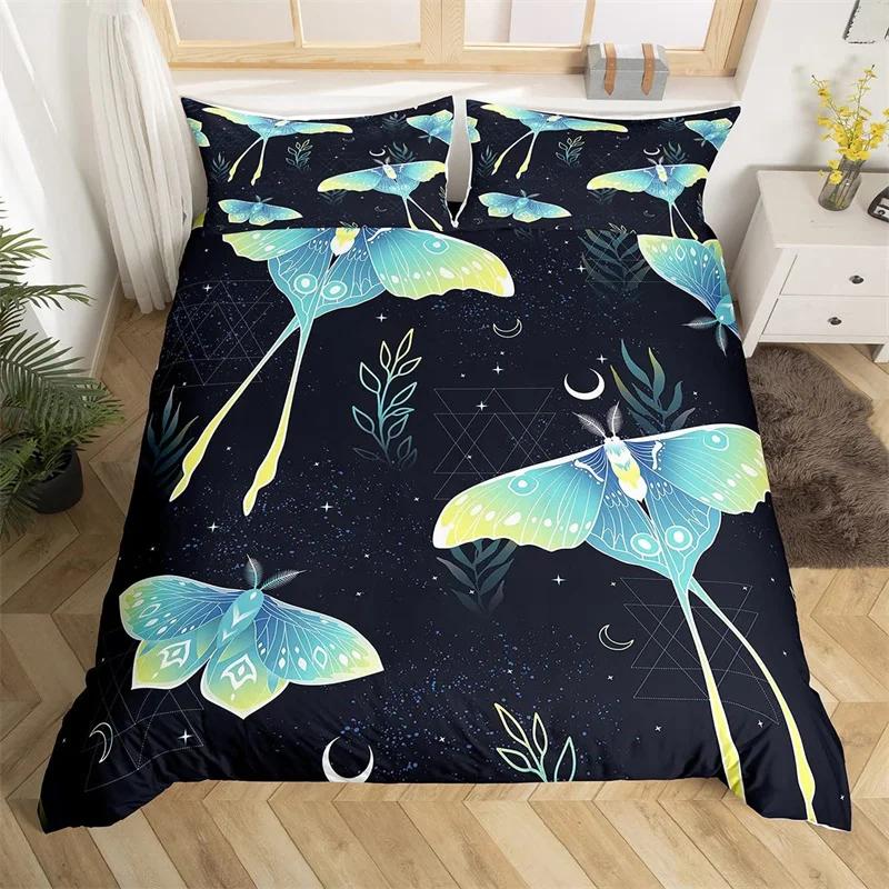 Death Moth Duvet Cover Set Queen Size Gothic Skull Boho Comforter Cover Black And White Skeleton Decorative Soft Bedding Set