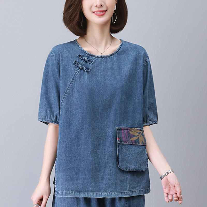 

2025 Women s Trendy Tencel Denim Top: Short-Sleeved, Stylish, Tummy-Covering Design L синий